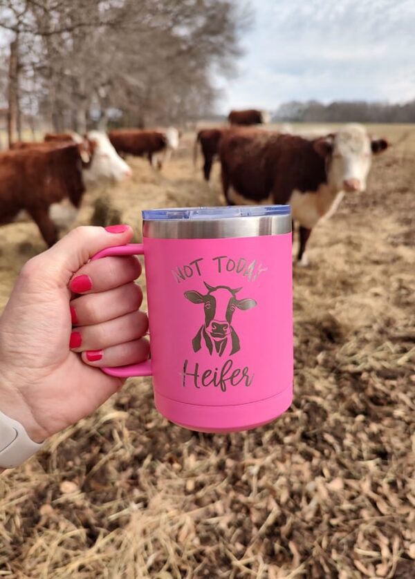 A woman holding a pink cup that has a custom engraving that says "not today Heifer" with cows in the background