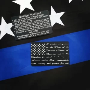 black custom miranda card on blue and black flag