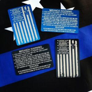 Blue and black custom miranda cards on a black and blue flag background