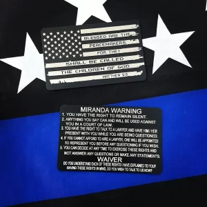 American Flag With Matthew 5:9 Metal Miranda Card on a blue and black flag background
