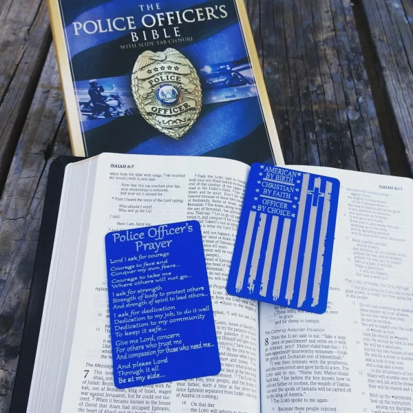 Blue Police Officer's Prayer Engraved On A Metal Wallet Card inside the police officer's bible