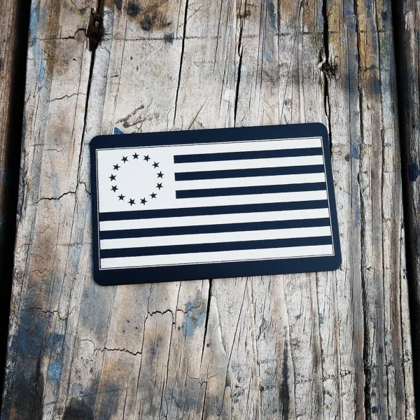 black metal engraved Betsy Ross flag on a Miranda Card