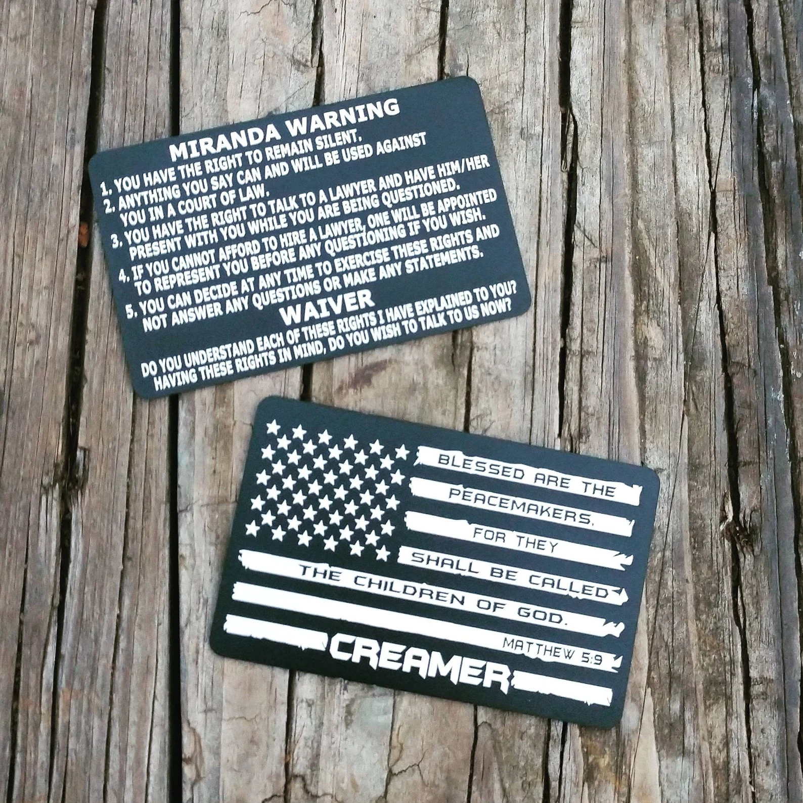 Matthew 5:9 American Flag Metal Miranda Card with Your Name