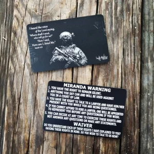metal miranda card with "send me with the police" engraved on one side and soldier holding a gun