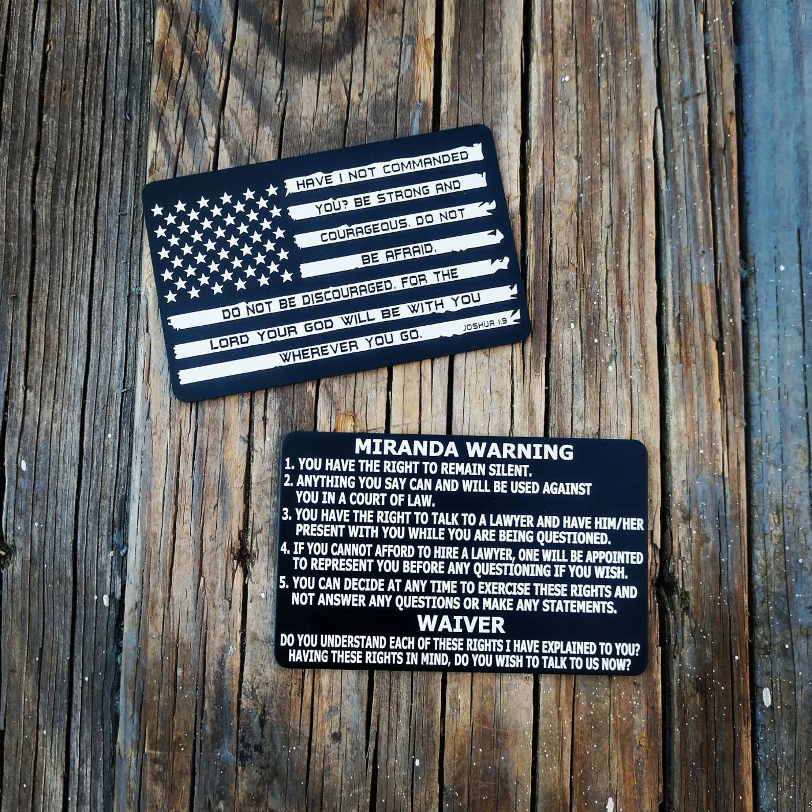 Metal Miranda Card American Flag with Joshua 1:9