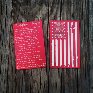 red miranda card with the firefighter's prayer on it